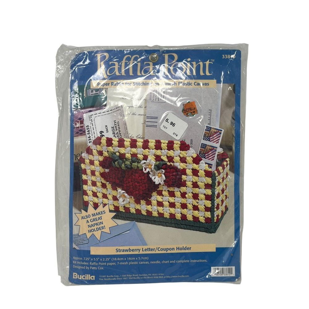 BUCILLA Strawberry Letter‎ Holder Paper Raffia Plastic Canvas Kit Vintage NEW